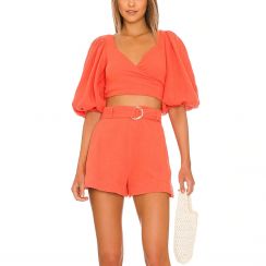 Puff Sleeve Wrap Crop Top And Hart Belted Shorts Women 2 Piece Set