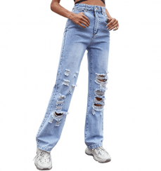 High Waist Straight Leg Loose Destroyed Ripped Denim Pants